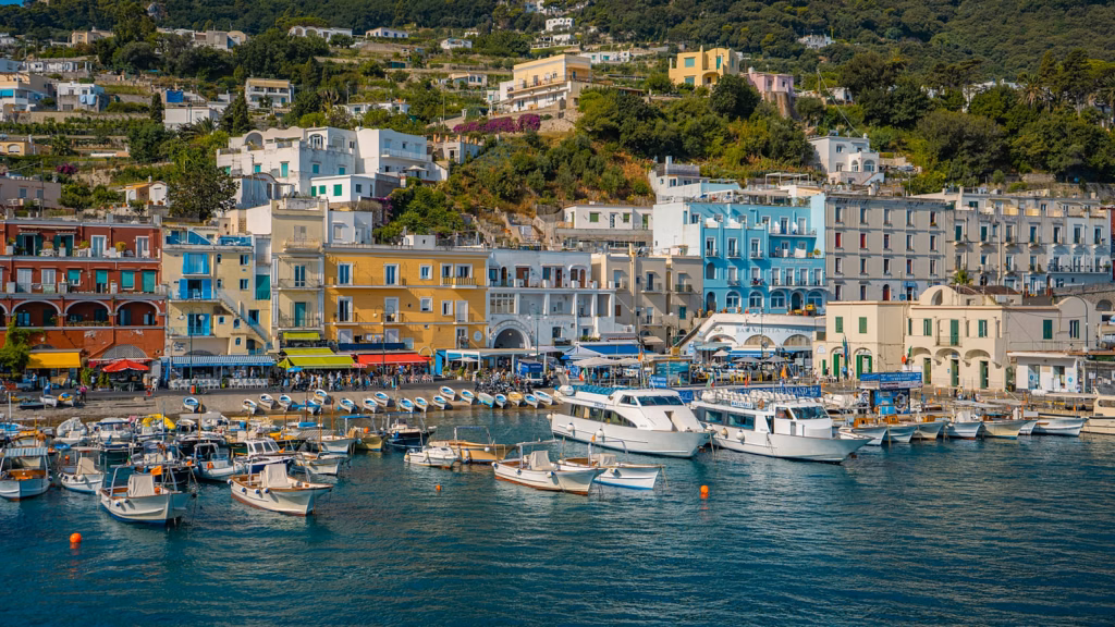 Colorful waterfront buildings and boats seen during a summer visit to the Amalfi Coast for the Ravello Festival.
