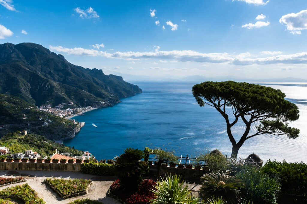 Panoramic Amalfi Coast sea view from a garden setting associated with the Ravello Festival.